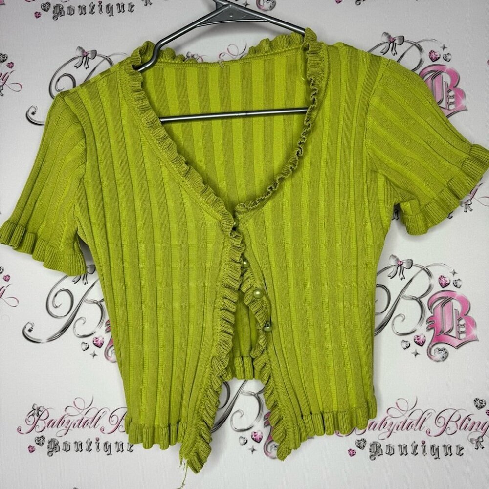 Cardigan tshirt style button up ribbed green ruffle frilly feminine top cute